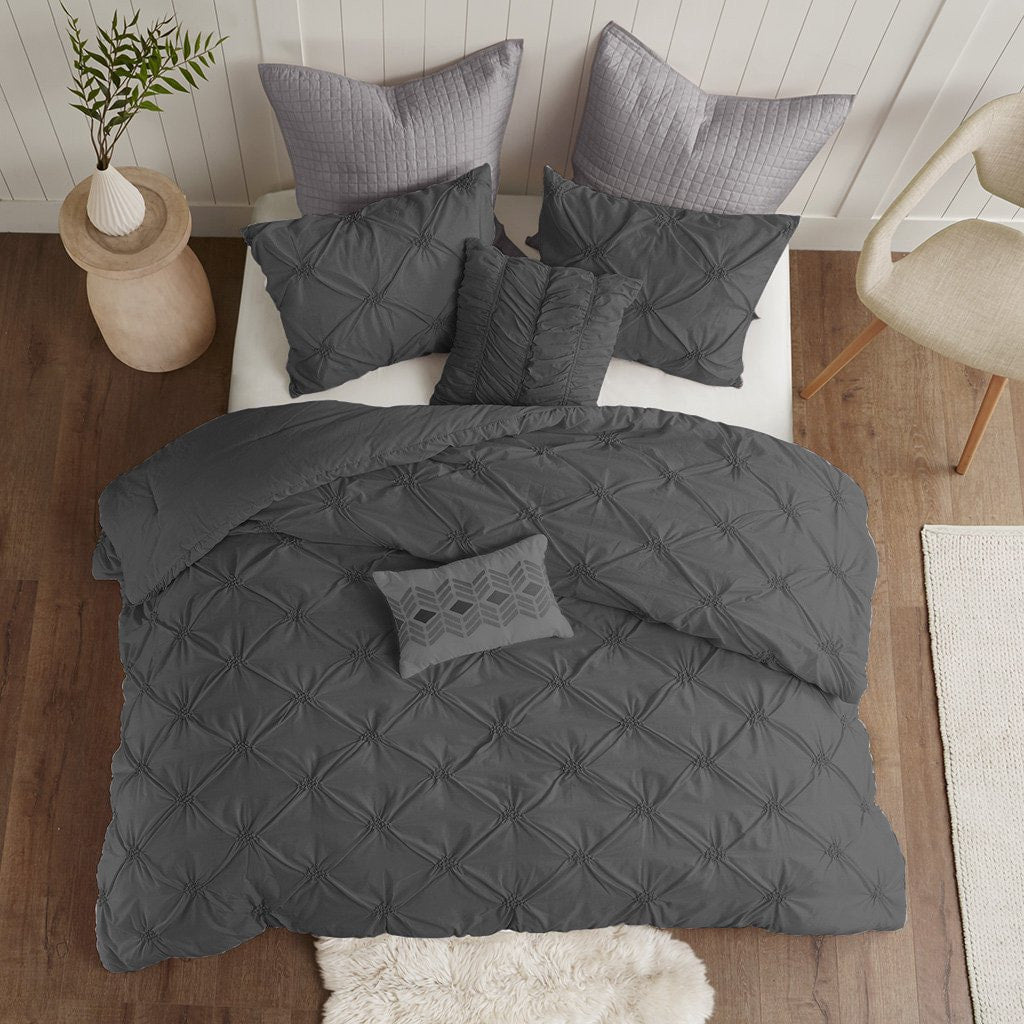 Ruched Pintuck Cotton Satin Duvet Cover Set