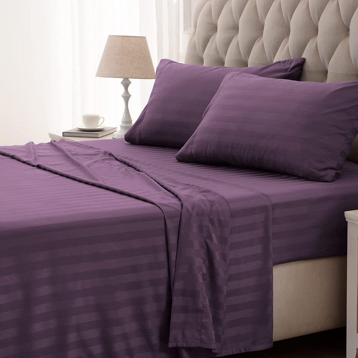 Premium Luxurious Super Soft Fitted Flat Cotton Satin Strip Sheet Set - Purple