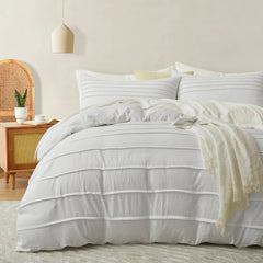 Minimal Pleated Cotton Duvet Cover Set - White