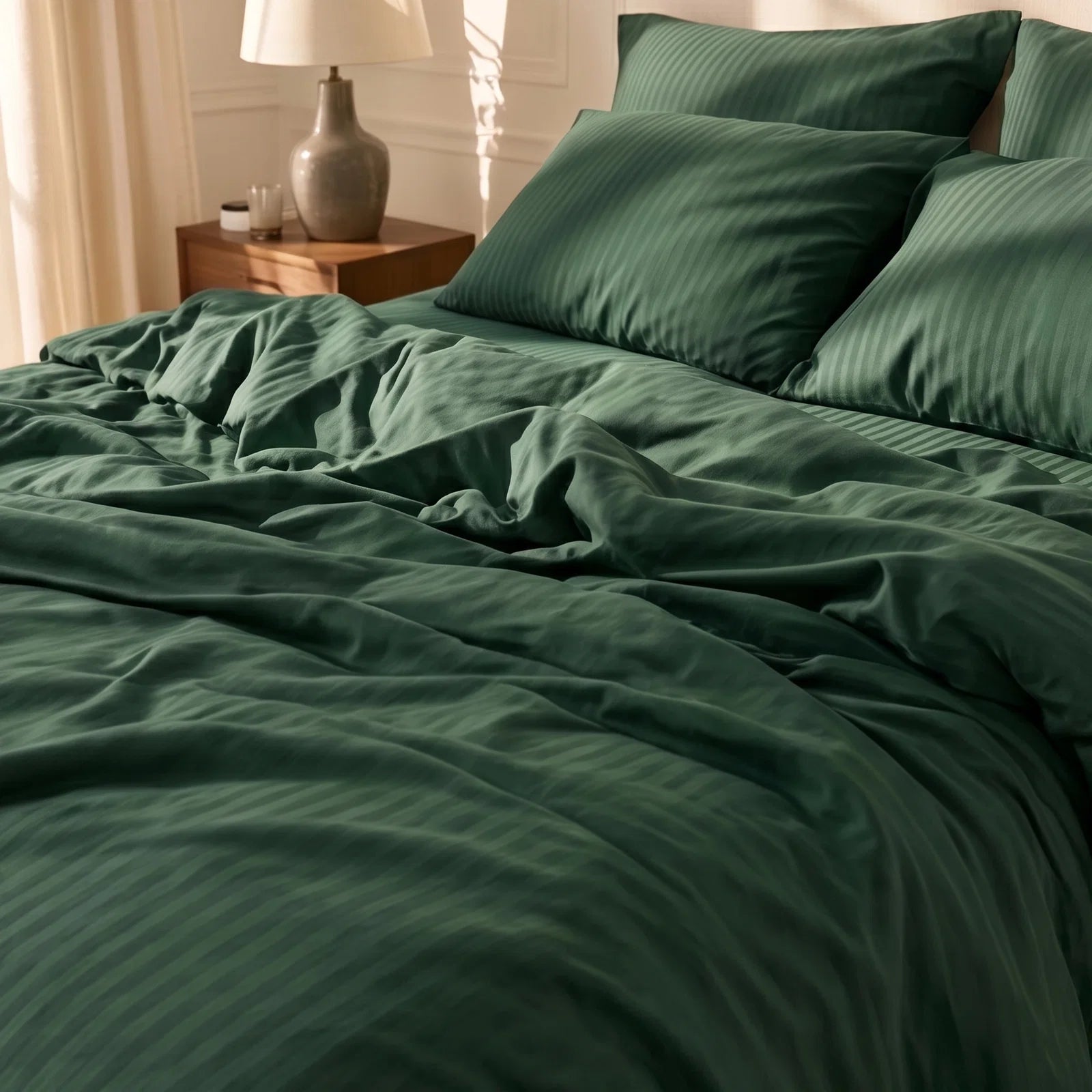 Satin Elegance Stripe Duvet Cover Set - Emerald Green