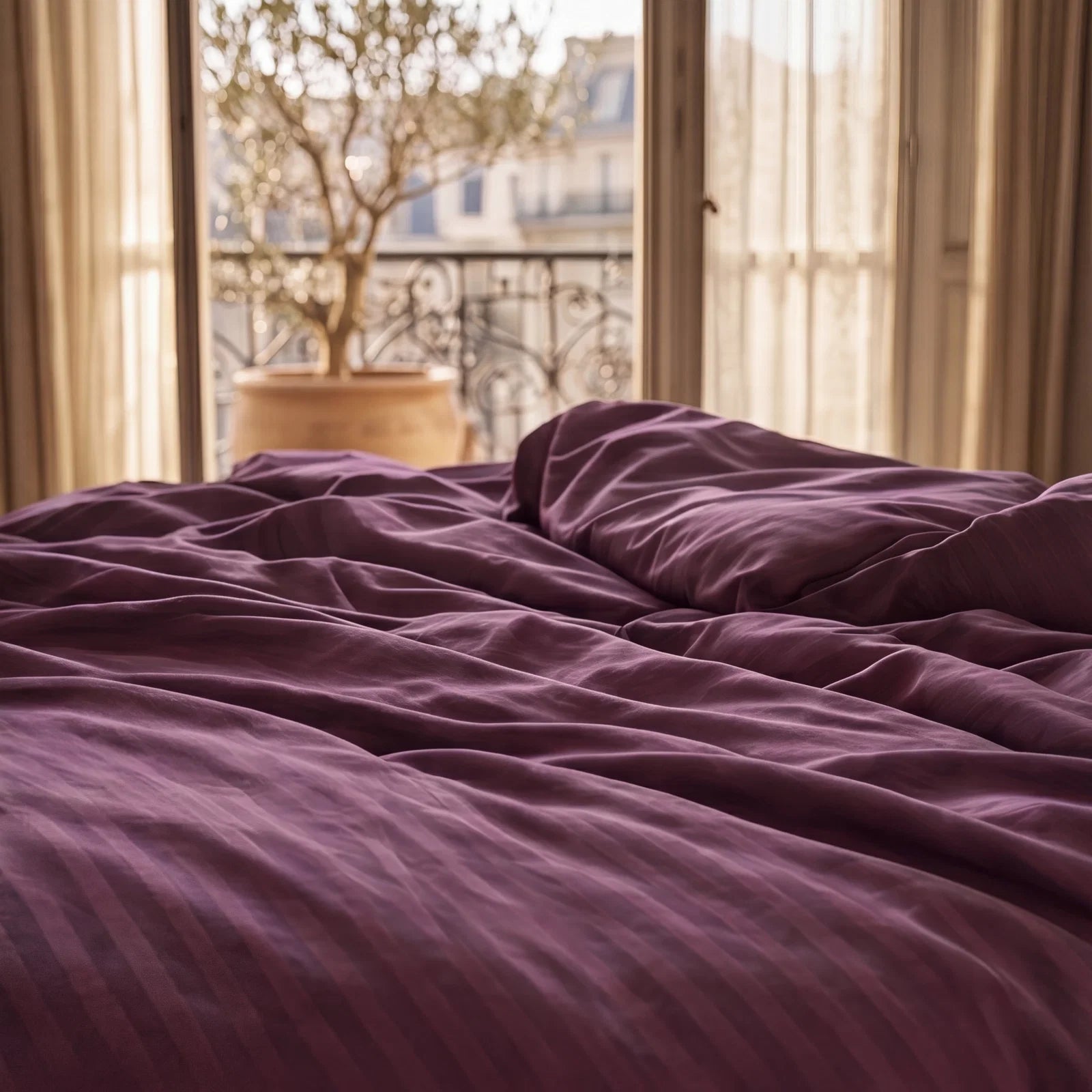 Satin Elegance Stripe Duvet Cover Set - Deep Plum