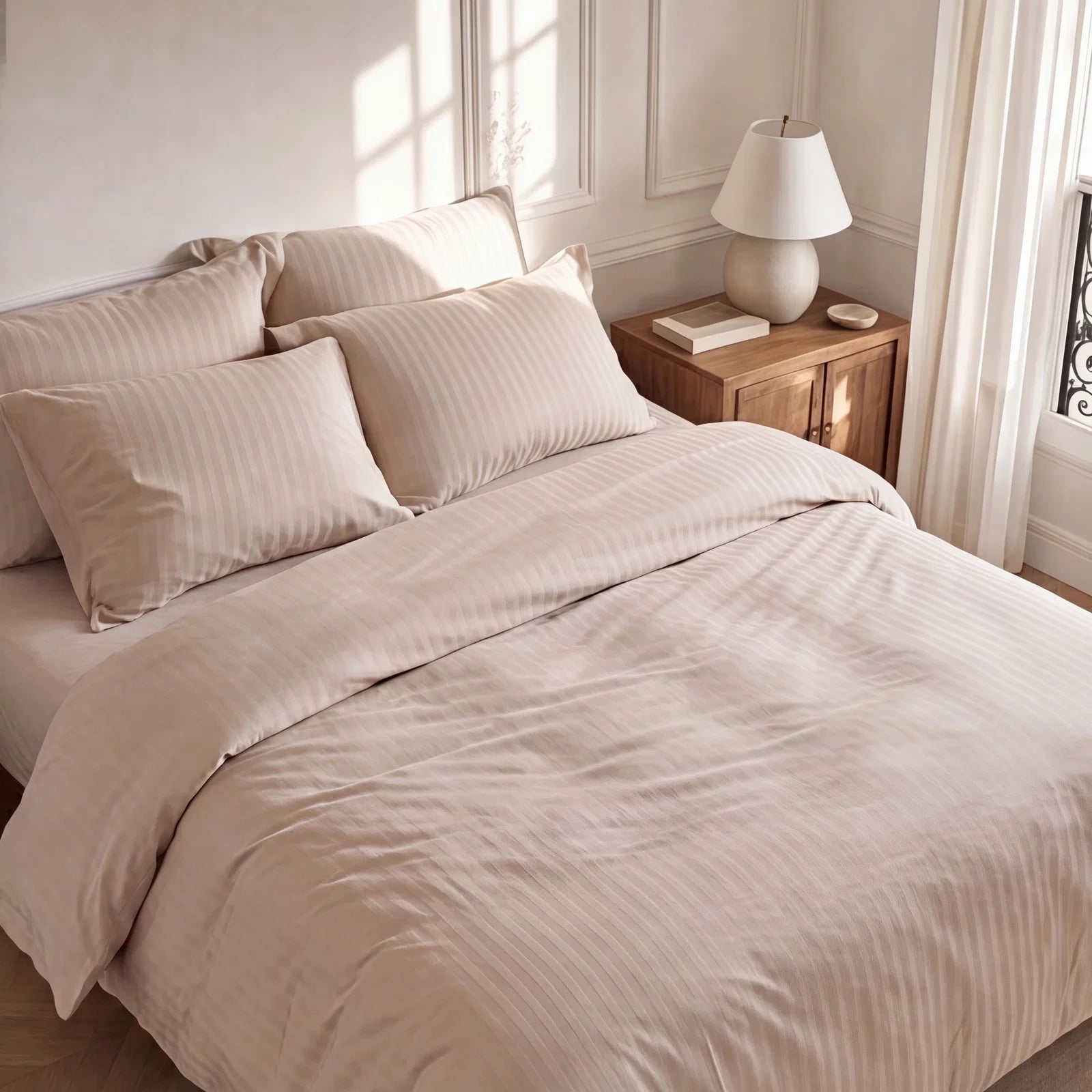 Satin Elegance Stripe Duvet Cover Set - Warm Beige