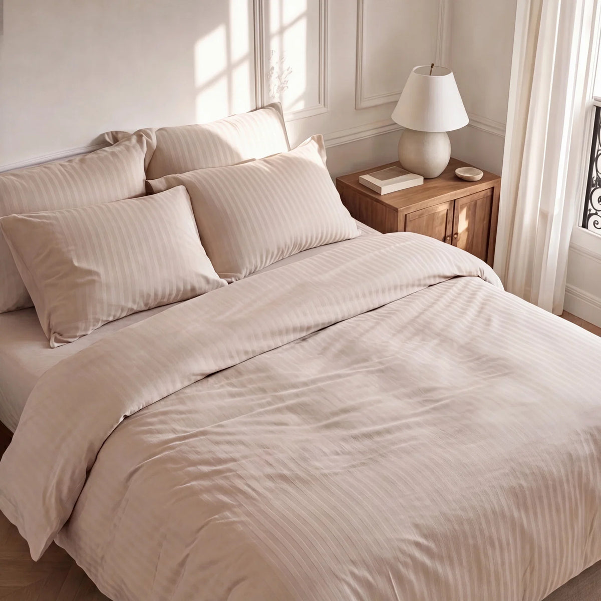 Satin Elegance Stripe Duvet Cover Set - Warm Beige