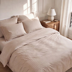 Satin Elegance Stripe Duvet Cover Set - Warm Beige