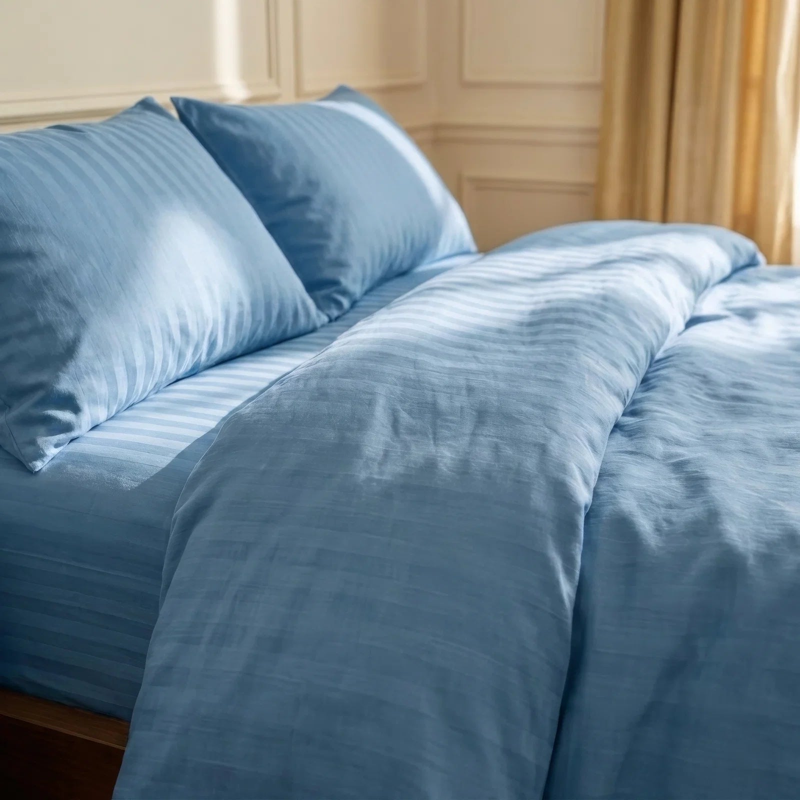 Satin Elegance Stripe Duvet Cover Set - Ocean Blue