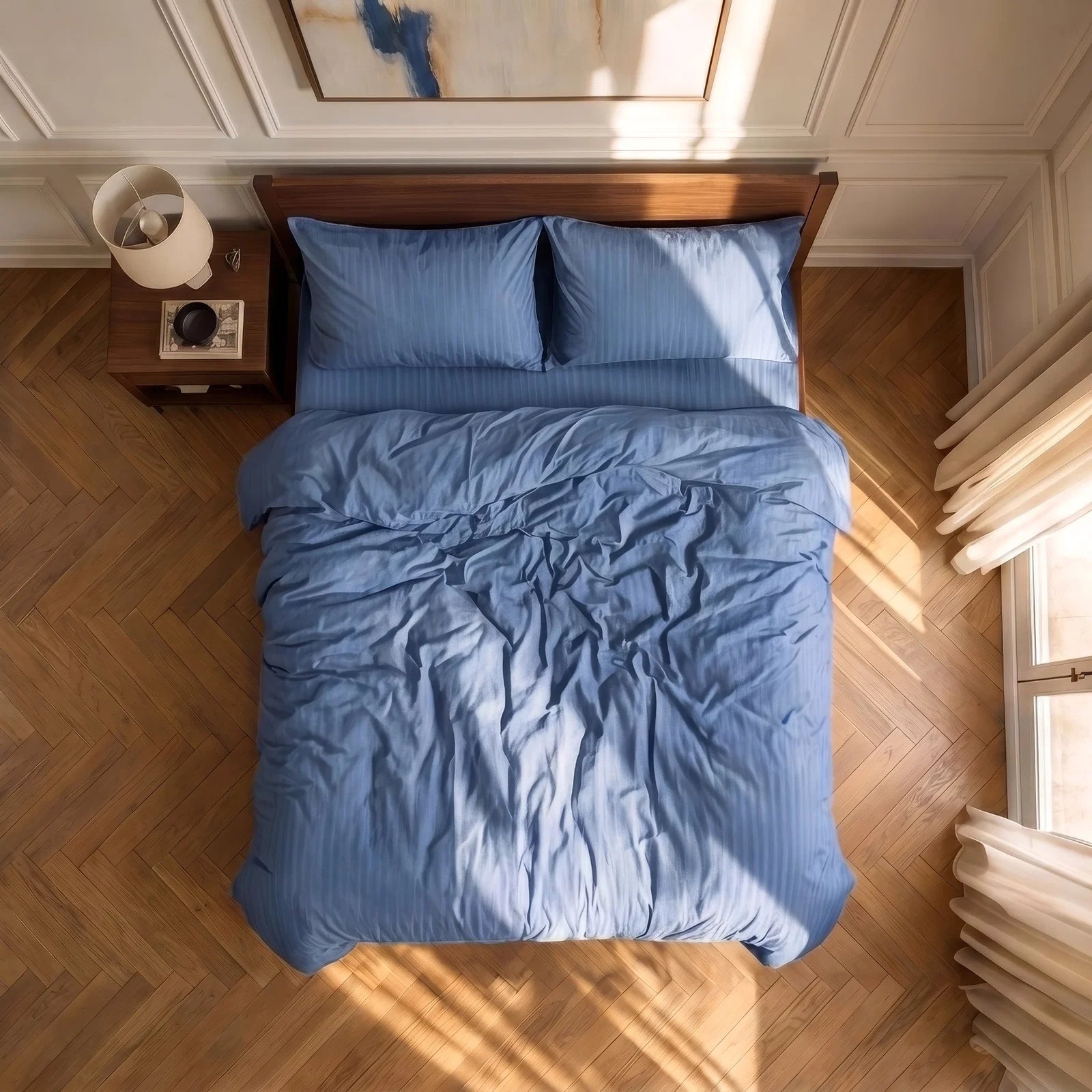 Satin Elegance Stripe Duvet Cover Set - Ocean Blue