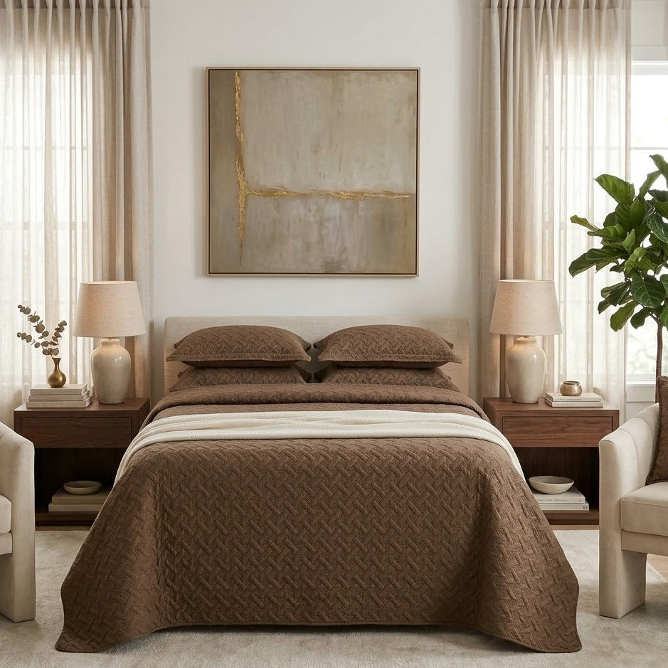 3-Piece Quilted Bedspread Set- Brown