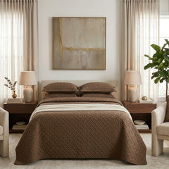 3-Piece Quilted Bedspread Set- Brown