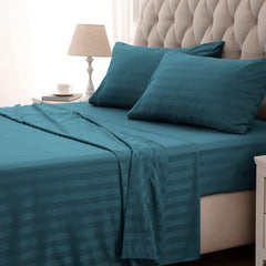 Premium Luxurious Super Soft Fitted Flat Cotton Satin Strip Sheet Set - Teal