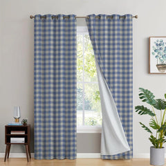 2Pc Waterproof Blackout Printed Curtains - Blue Checked