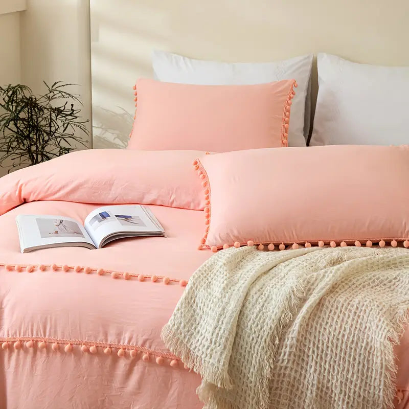 Vintage Boho Cotton Duvet Cover Set with Pom Pom Tassels
