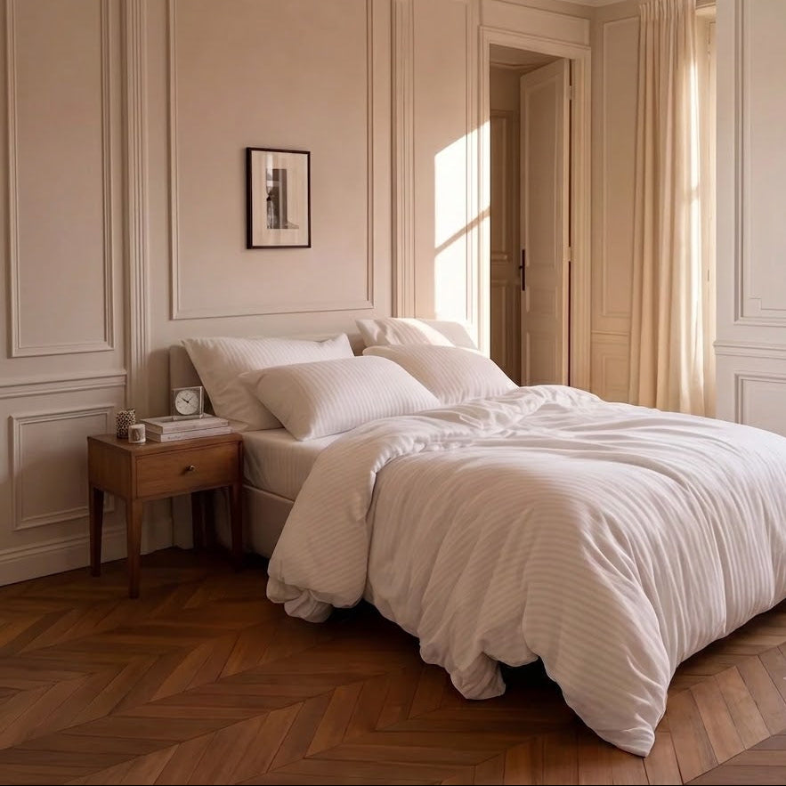 Satin Elegance Stripe Duvet Cover Set - Snow White
