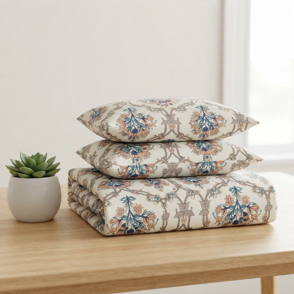 Printed Cotton Fitted Sheet Set-Ivory Garden