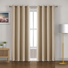 2Pc Plain Dyed Eyelet Curtains With Lining - Beige