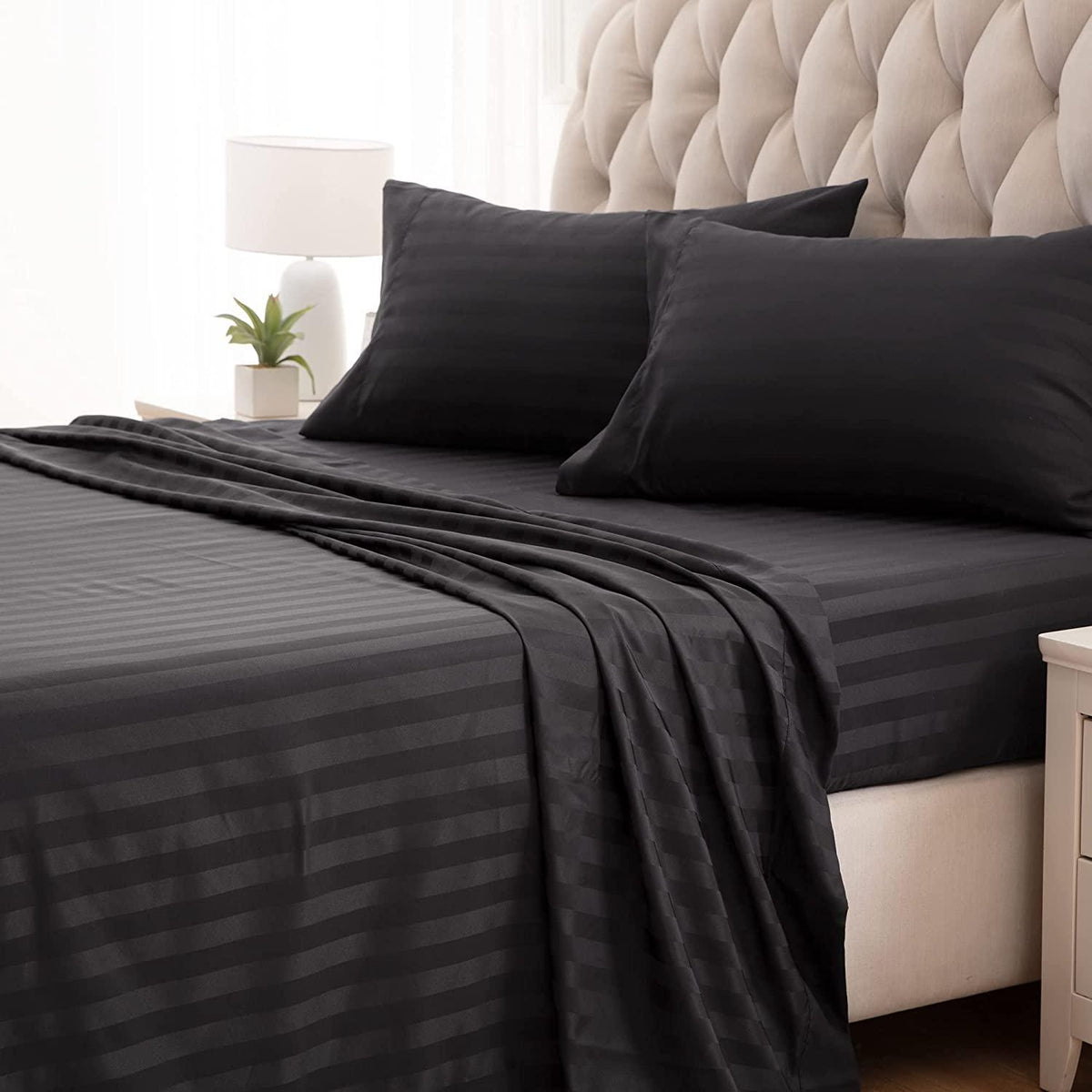 Premium Luxurious Super Soft Fitted Flat Cotton Satin Strip Sheet Set - Black