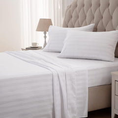 Premium Luxurious Super Soft Fitted Flat Cotton Satin Strip Sheet Set - White