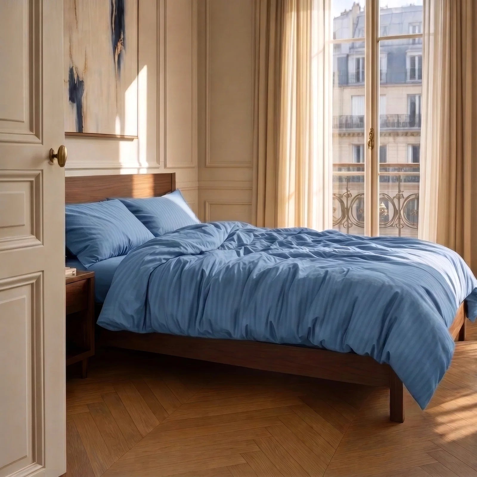 Satin Elegance Stripe Duvet Cover Set - Ocean Blue