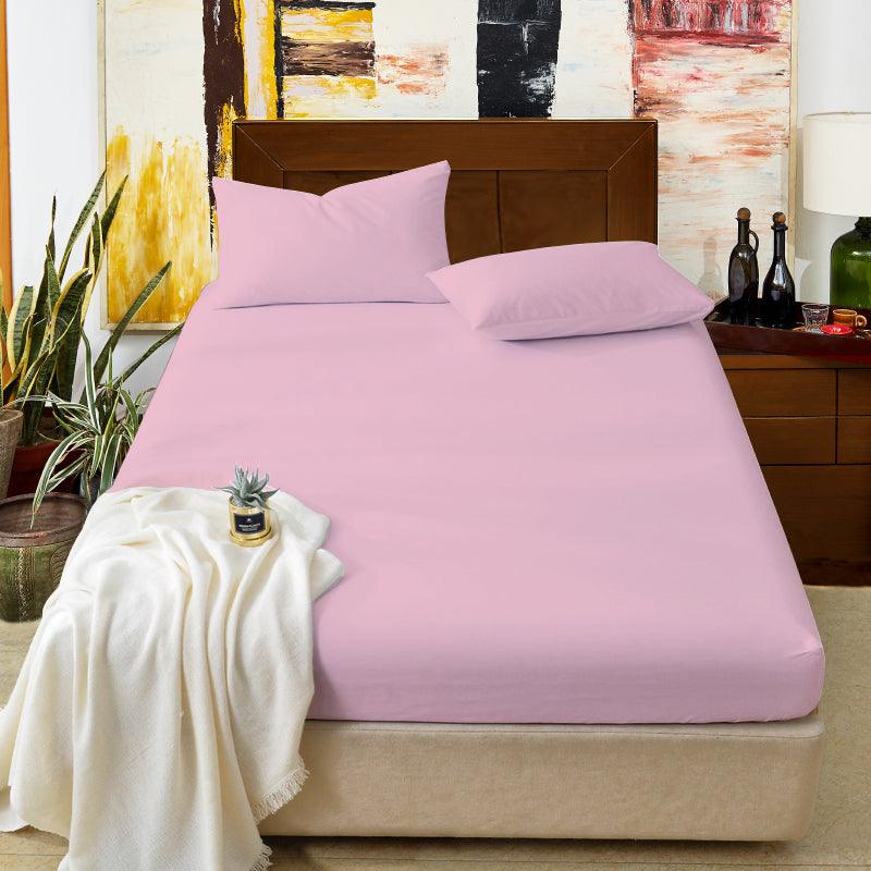 Cotton Fitted Bed Sheet with Pillows-Dusty Pink