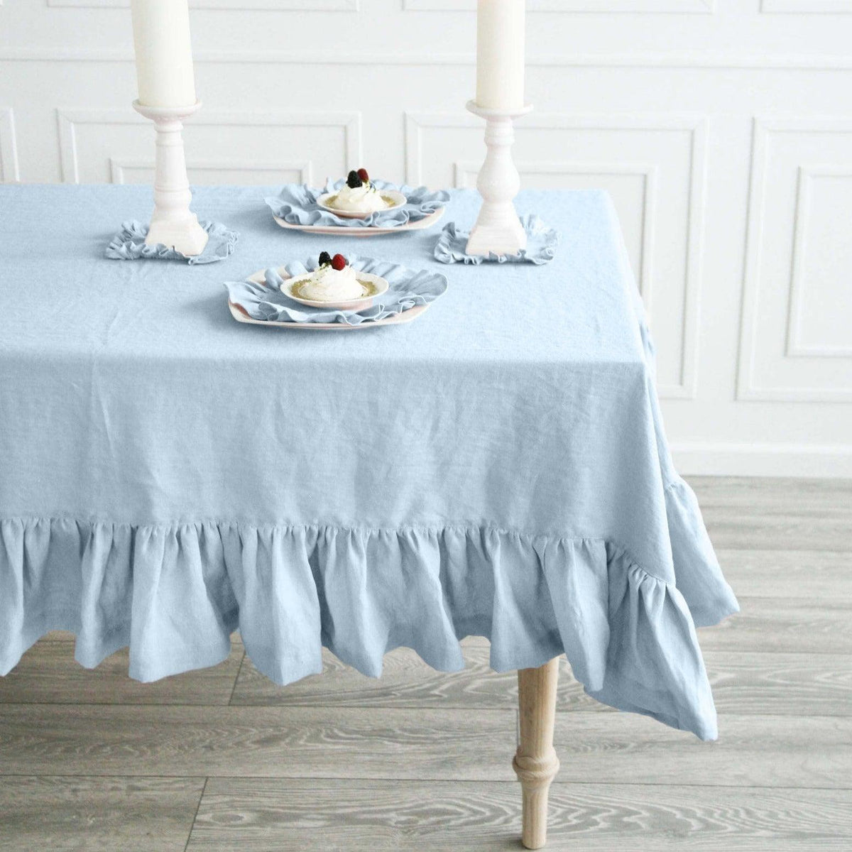 Flounce Stitching Cotton Table Covers-Baby Blue