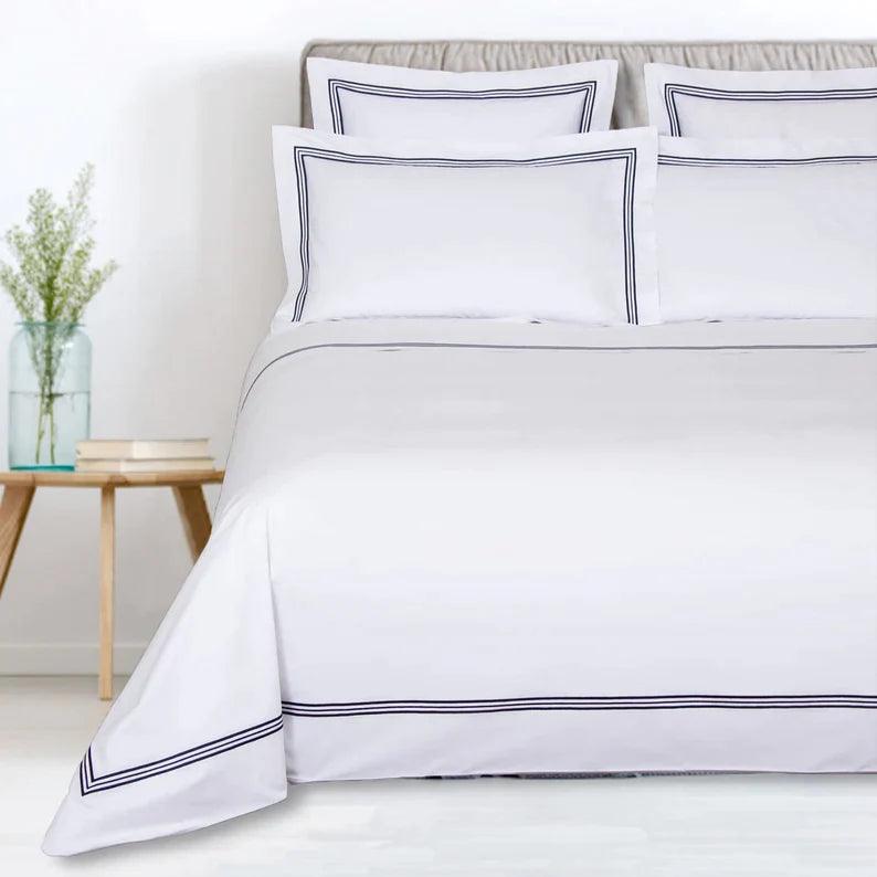 Embroidered Luxury Duvet Set- White With Navy Baratta Stitch