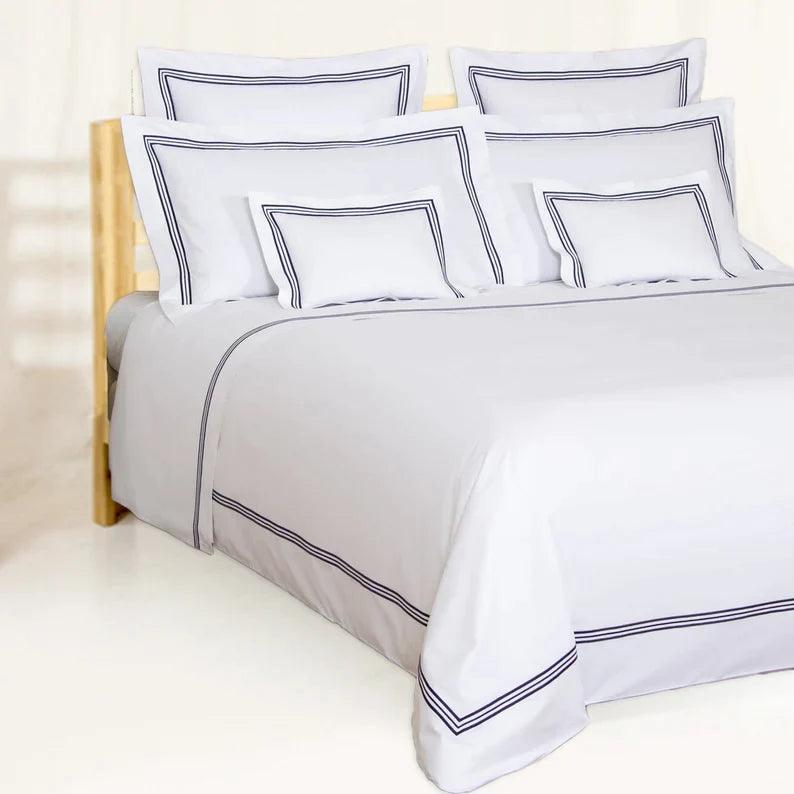 Embroidered Luxury Duvet Set- White With Navy Baratta Stitch