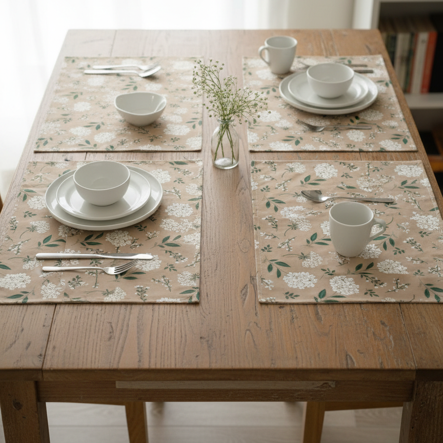 Printed Cotton Duck Table Mats - Neutral Beige Hydrangea Pattern