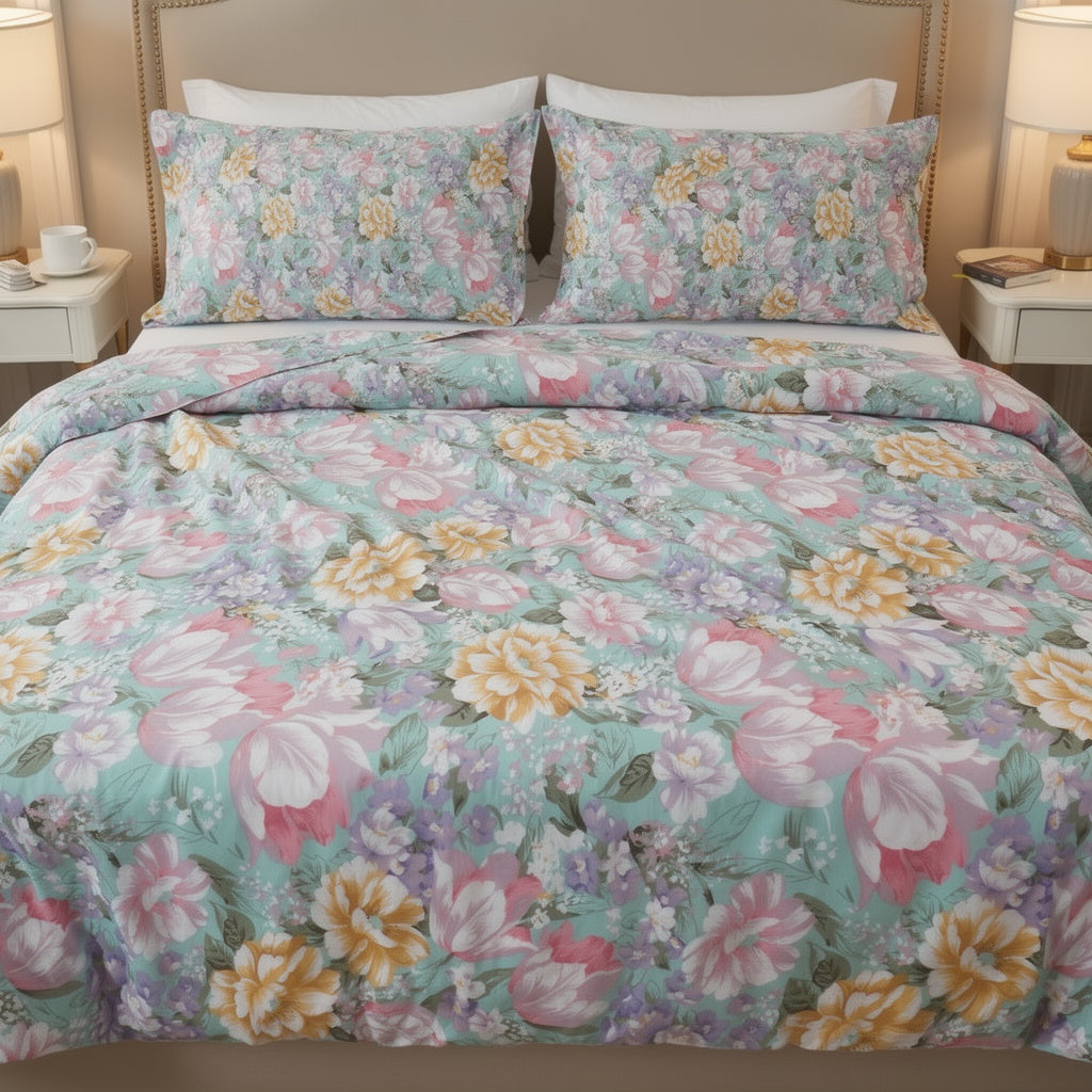 Double Cotton Bed Sheet - Pastel Garden Dreams