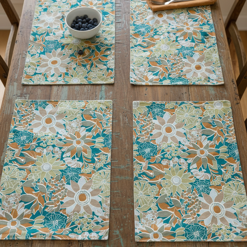 Printed Cotton Duck Table Mats - Aqua Blue Blossom