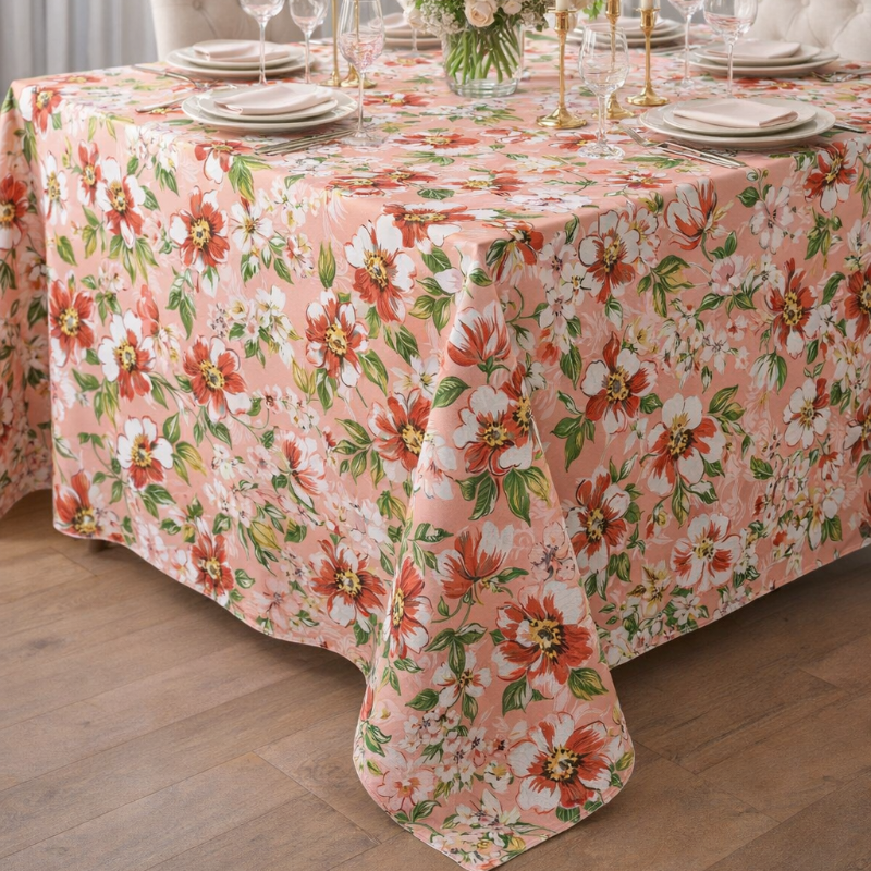 Printed Cotton Table Cover-Aura Peach Botanical