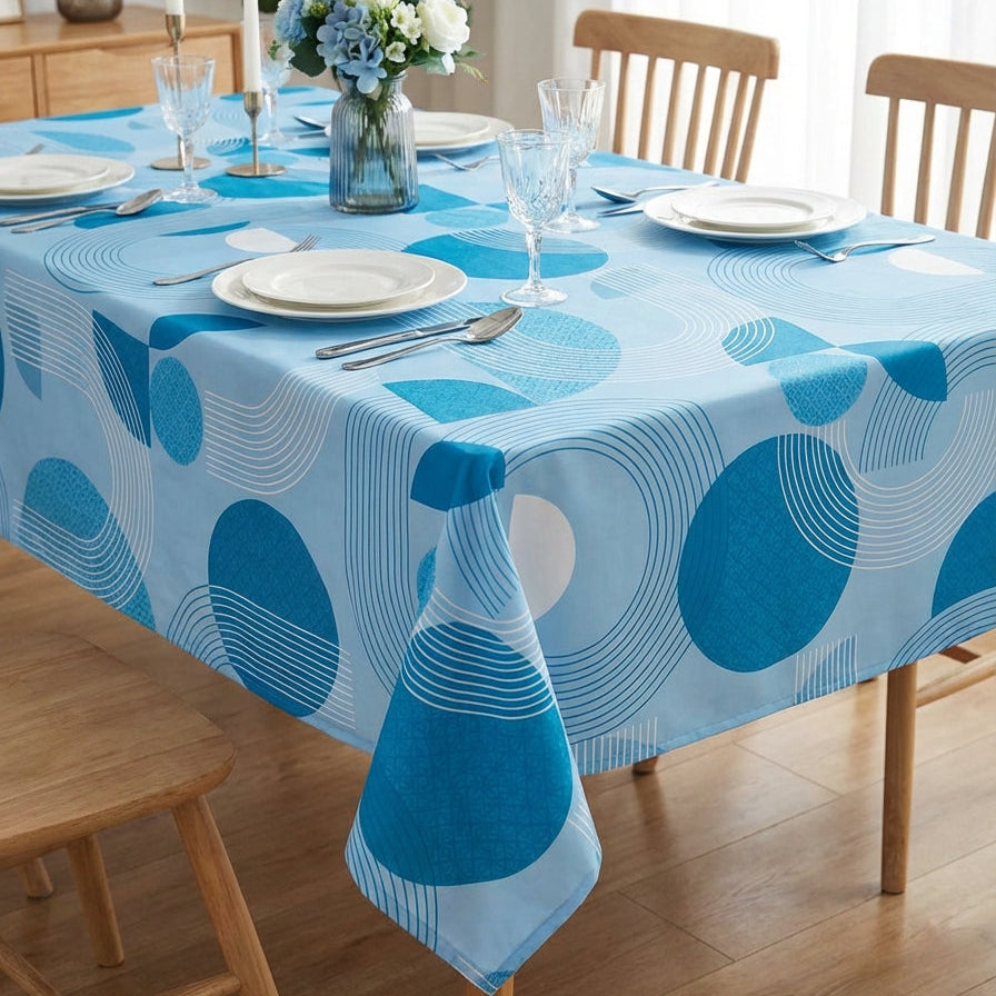 Printed Cotton Table Cover-Blue Geometric Curves