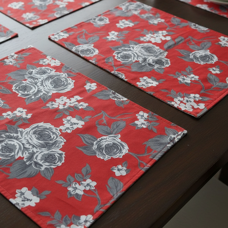 Printed Cotton Duck Table Mats – Red Elegance Blossom