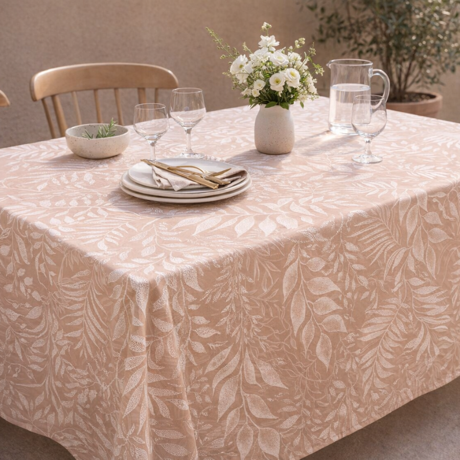 Printed Cotton Table Cover-Allover Botanical Leaf - Warm Mocha
