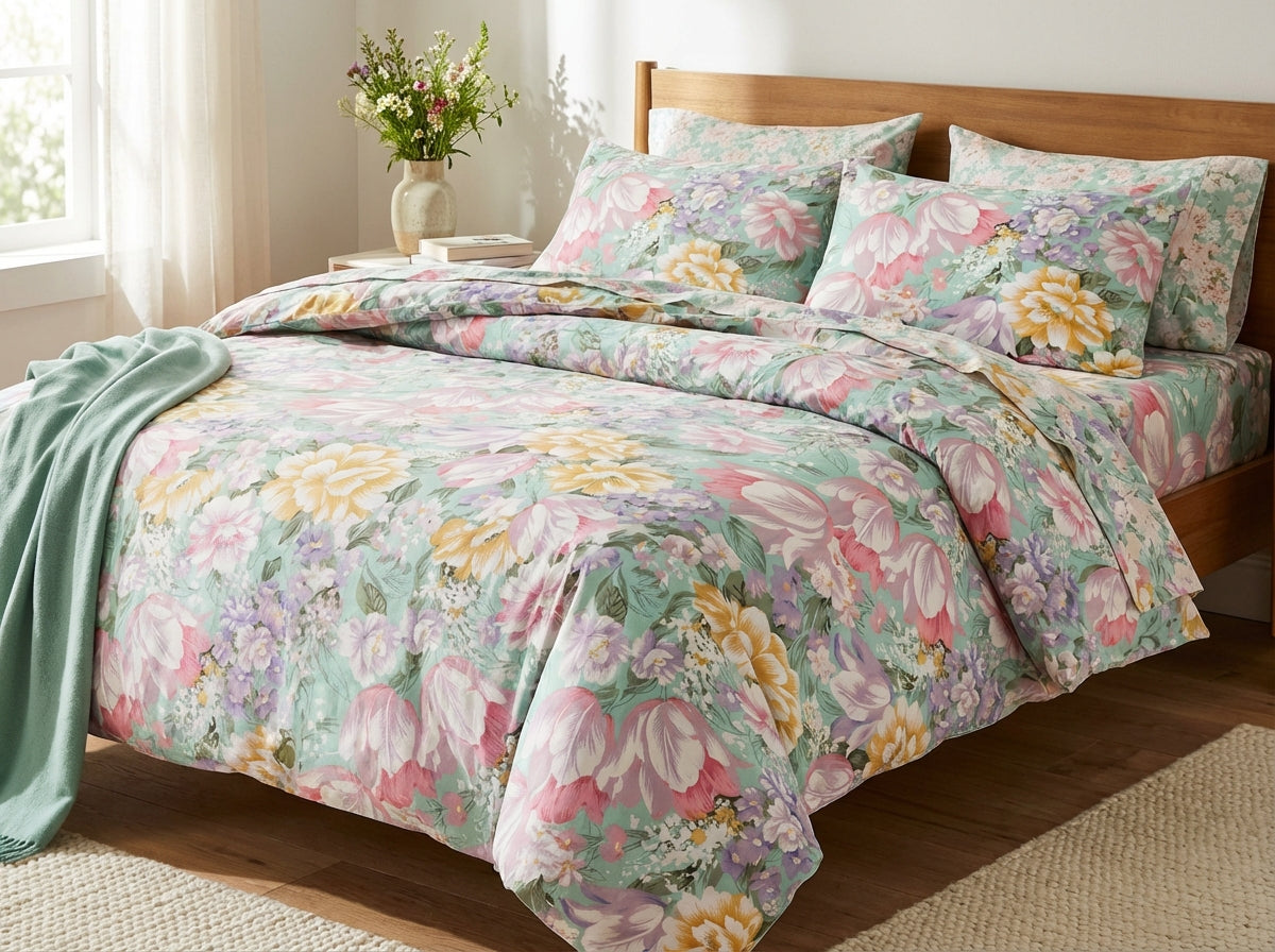 Double Cotton Bed Sheet - Pastel Garden Dreams