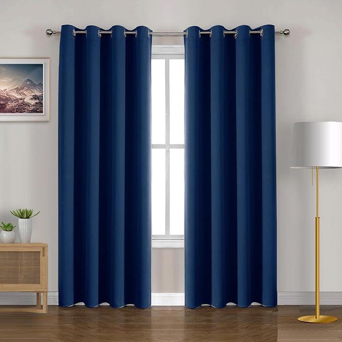 2Pc Plain Dyed Eyelet Curtains With Lining - Blue