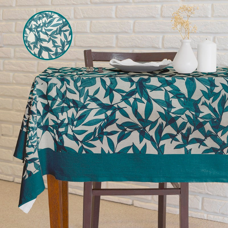 Waterproof Printed Teal Green Leaves Table Cover with Plain Cotton Border