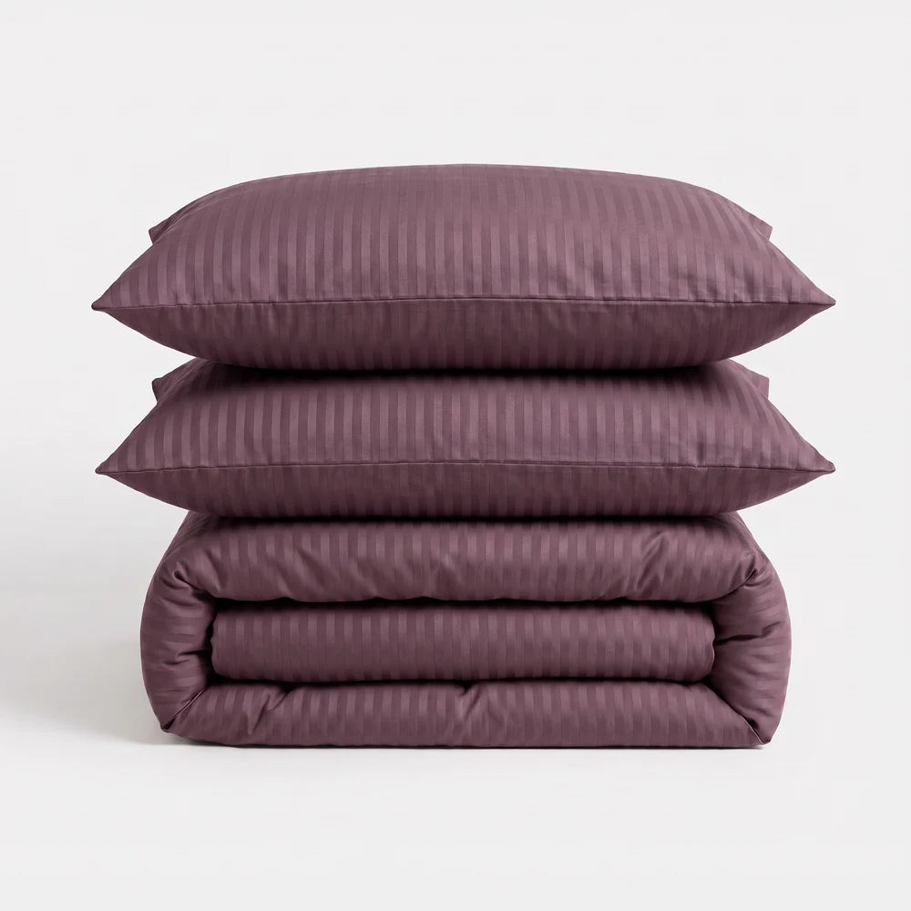 Satin Elegance Stripe Duvet Cover Set - Brown Cocoa