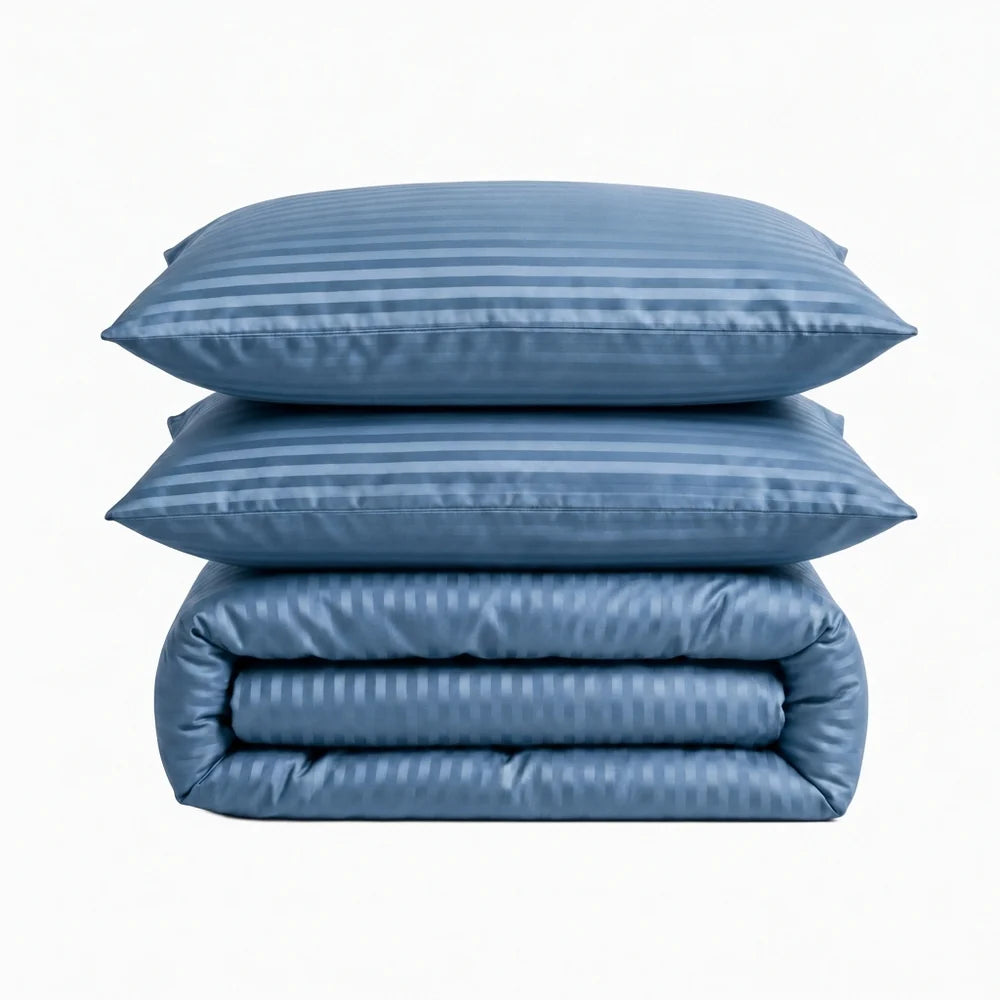 Satin Elegance Stripe Duvet Cover Set - Ocean Blue