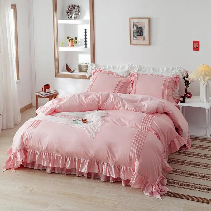 Luxury Pleated With Ruffled Style Satin Duvet Cover Set - Pink