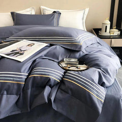 Embroidered Luxury Duvet Set-Gary Blue