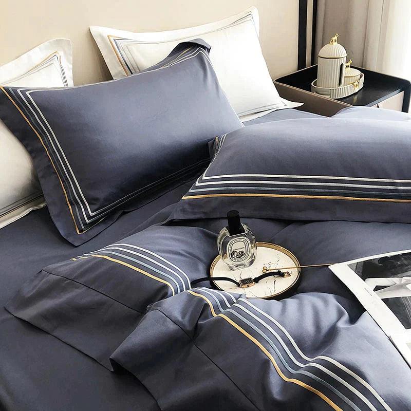 Embroidered Luxury Duvet Set-Gary Blue