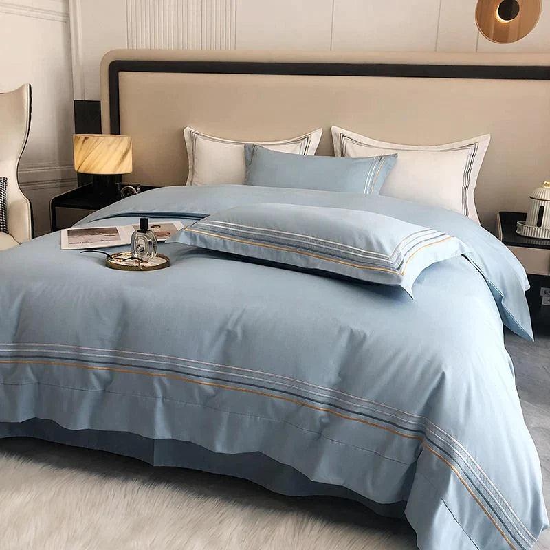 Embroidered Cotton Satin Duvet Set-Sky Blue