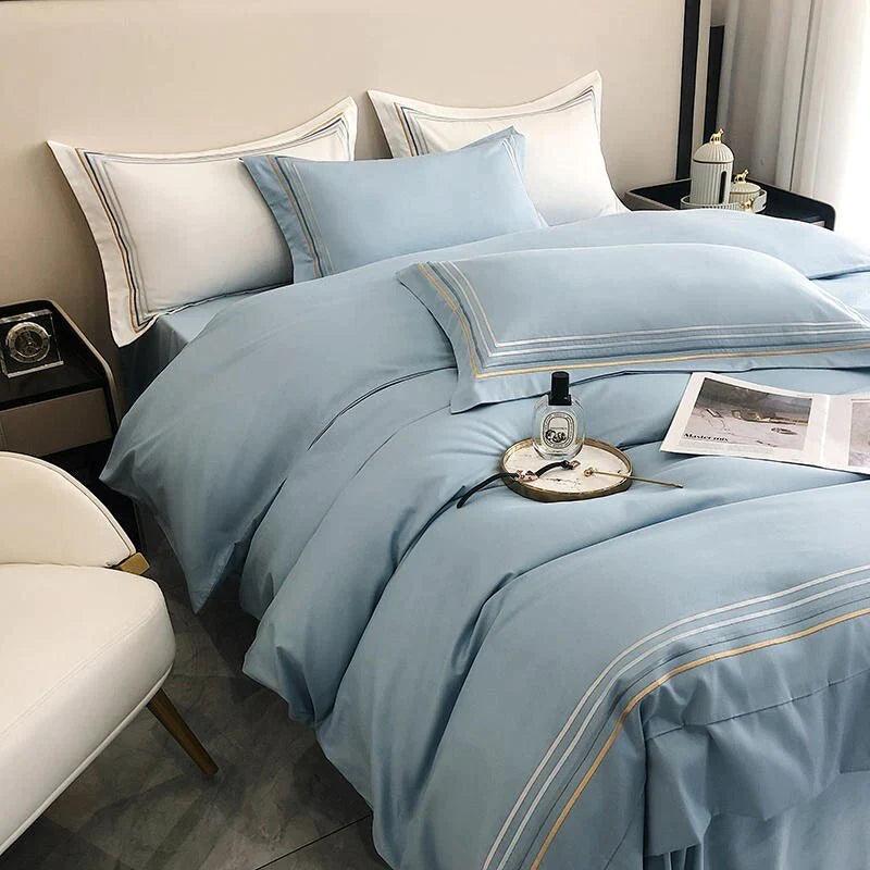 Embroidered Cotton Satin Duvet Set-Sky Blue