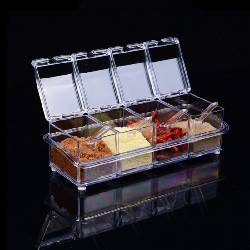 Transparent Seasoning Box Four Grid With Spoon Seasoning Can Set