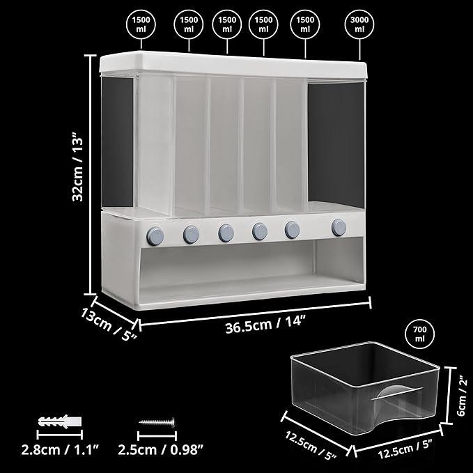 6 Compartment Wall Mount Dispenser with Measuring Cup and Air-Tight Lid