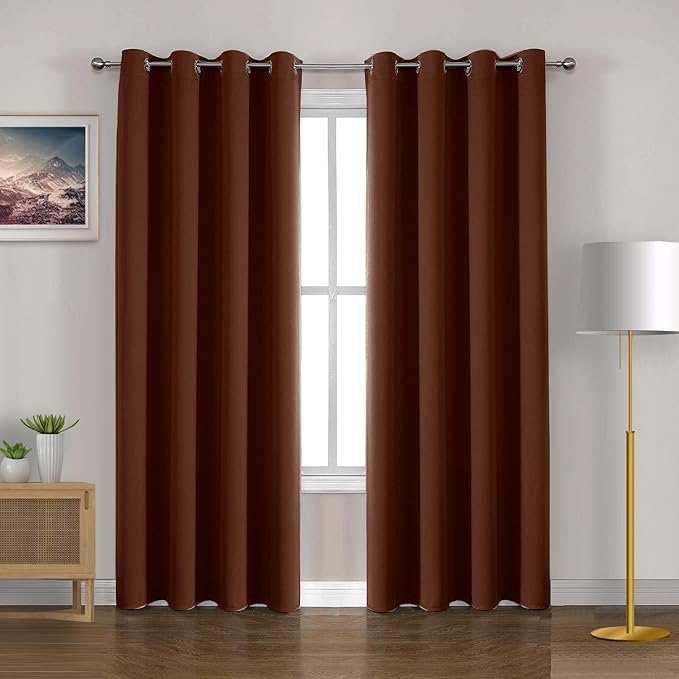 2Pc Plain Dyed Eyelet Curtains With Lining - Brown