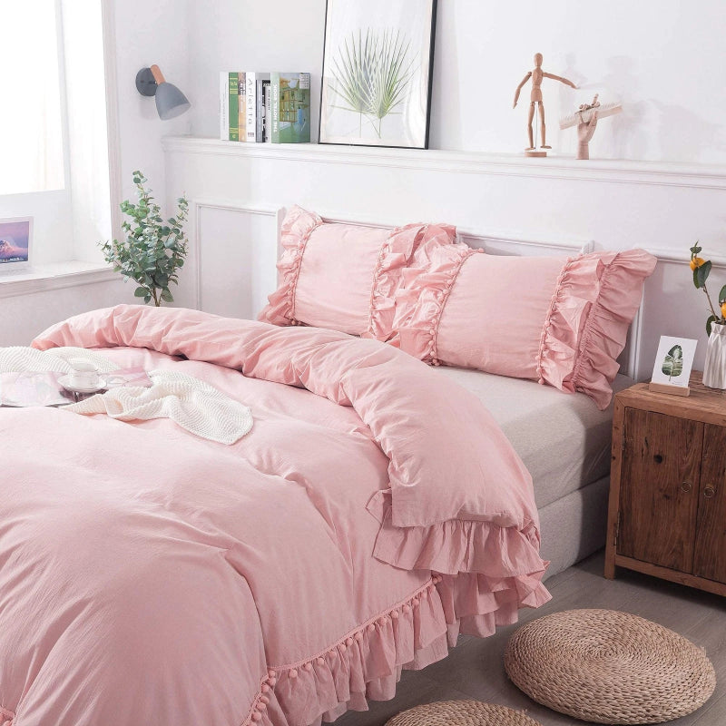 Vintage Boho Pom-Fringe Ruffled Cotton Duvet Cover Set-Pink