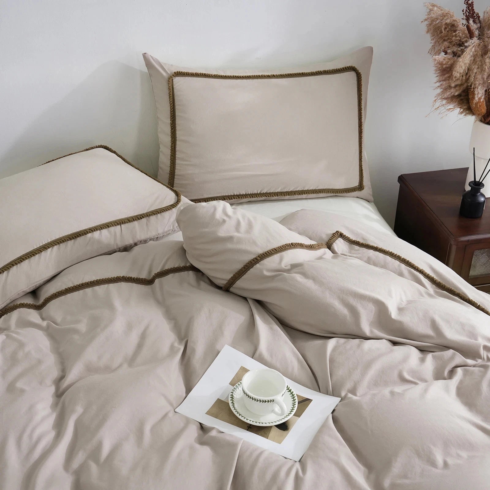 LuxePom Serenity Cotton Duvet Cover Set-Khaki