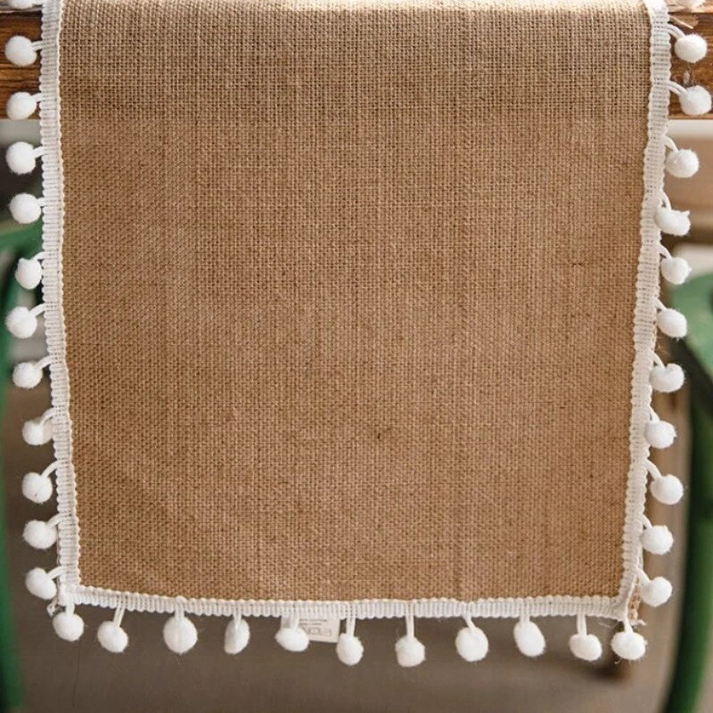 Jute Table Runner Pom-Pom Ball Fringe Trim