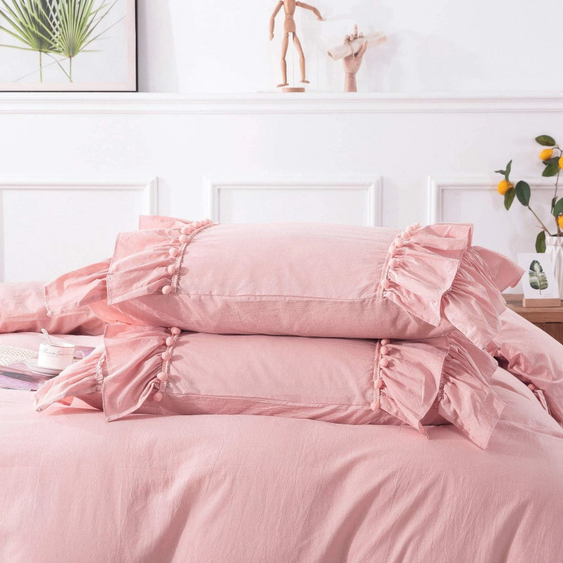 Vintage Boho Pom-Fringe Ruffled Cotton Duvet Cover Set-Pink
