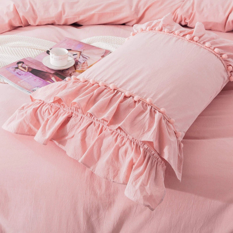 Vintage Boho Pom-Fringe Ruffled Cotton Duvet Cover Set-Pink